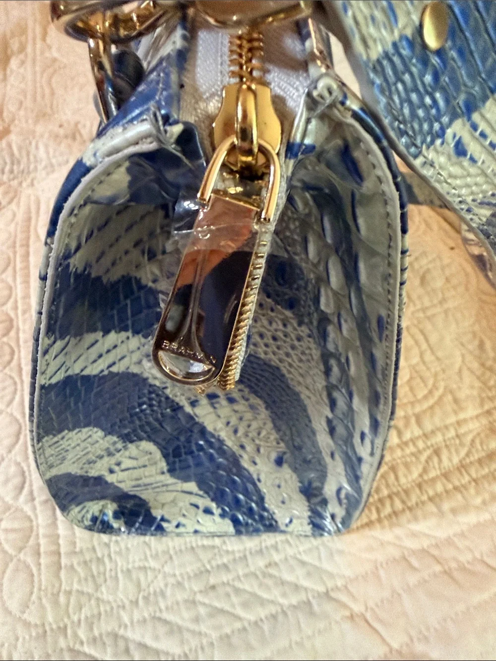 Brahmin Caroline Dazzle Melbourne Blue and White Croc-Embossed Satchel